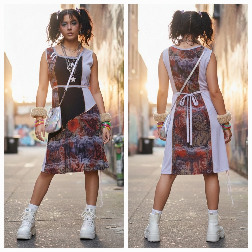 Paolo Tricot Y2K Whimsigoth Fairy Grunge Festival Paisley Patchwork Boho Dress